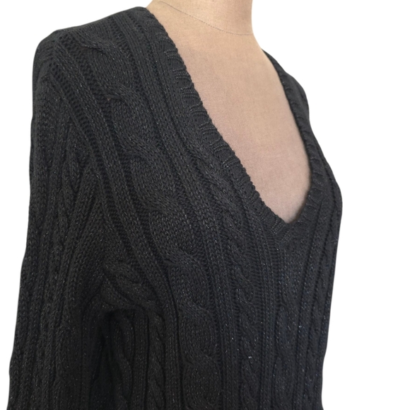 Polo Ralph Lauren Black Cotton Metallic Cable-Knit V-Neck Sweater Size XL - Picture 8 of 16